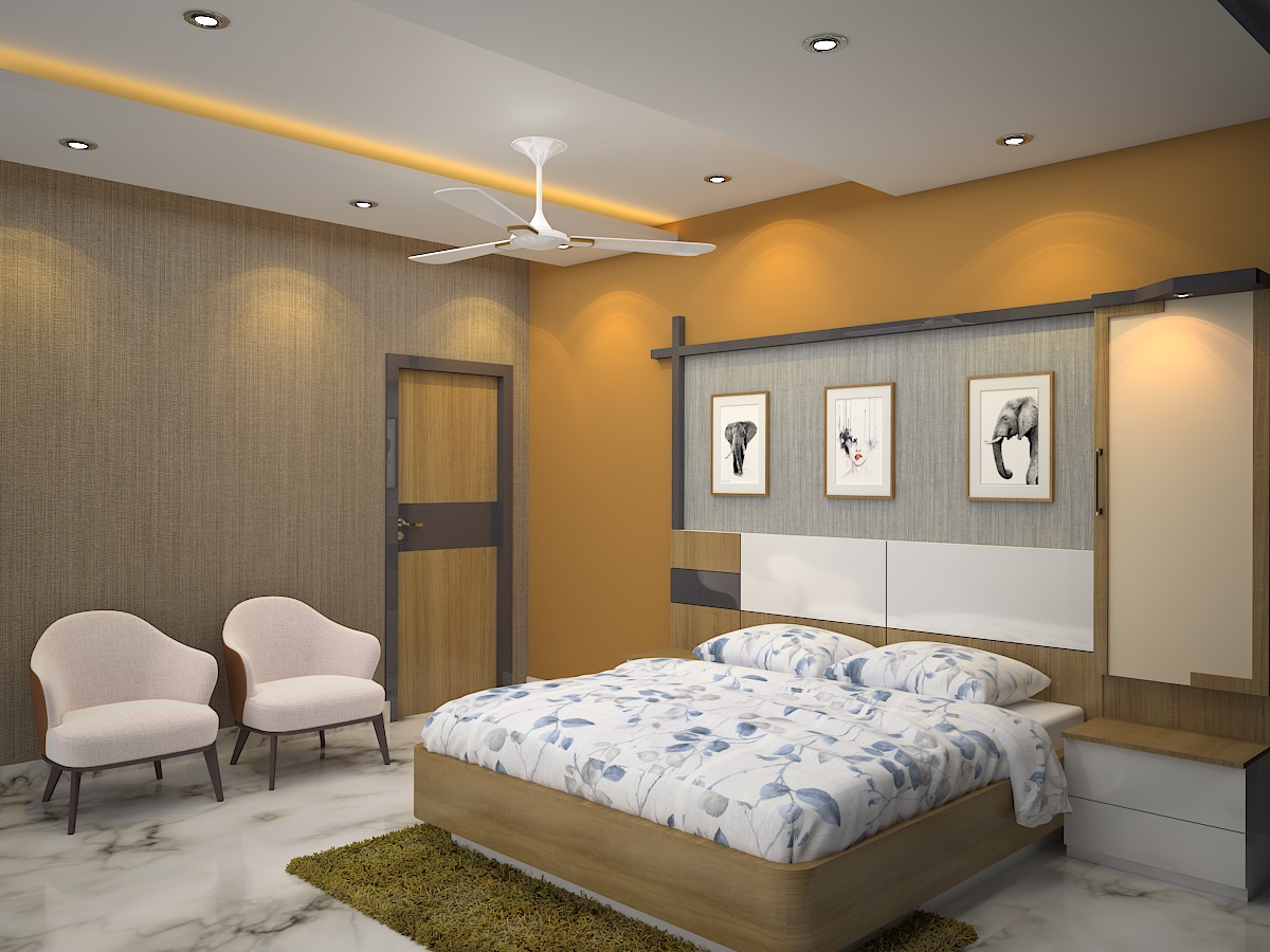 Modern guest room interior with white bed, ceiling fan, dark patterned wall and carpet on floor