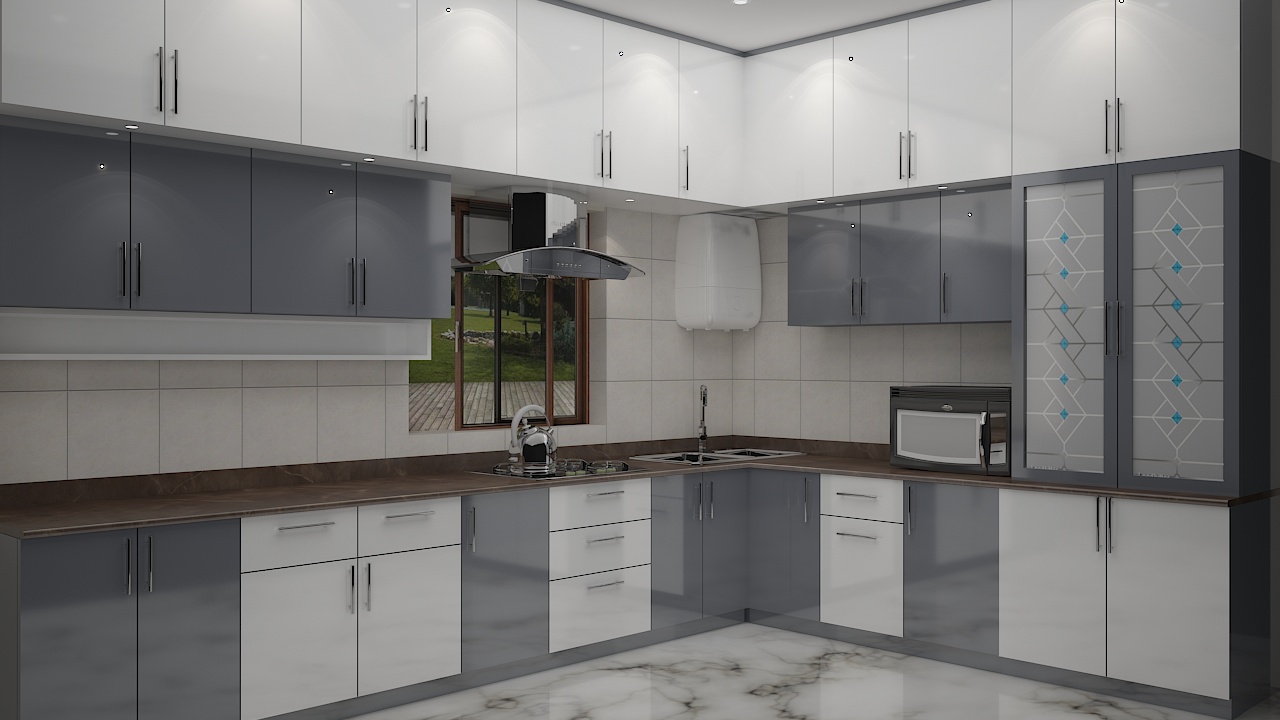 Kitchen interior with modern cabinets, refrigerator, stove and under cabinet lighting