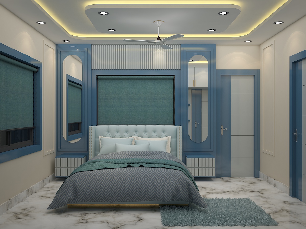 Bedroom interior with ceiling fan, bed, wall shelves and modern decor